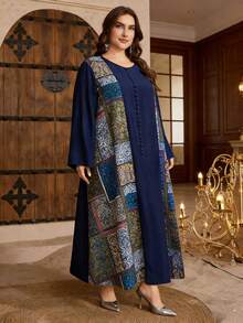 Al Najma Vestido casual de estilo árabe de manga larga, cuello redondo, talla grande, con estampado y parches, corte holgado para mujer - Multicolor - Ver 4