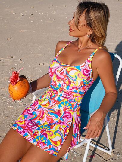 Swim Lushoire Women's Asymmetrical Floral Print Halter Neck One-Piece Swimsuit, Casual Resort Wear For Summer