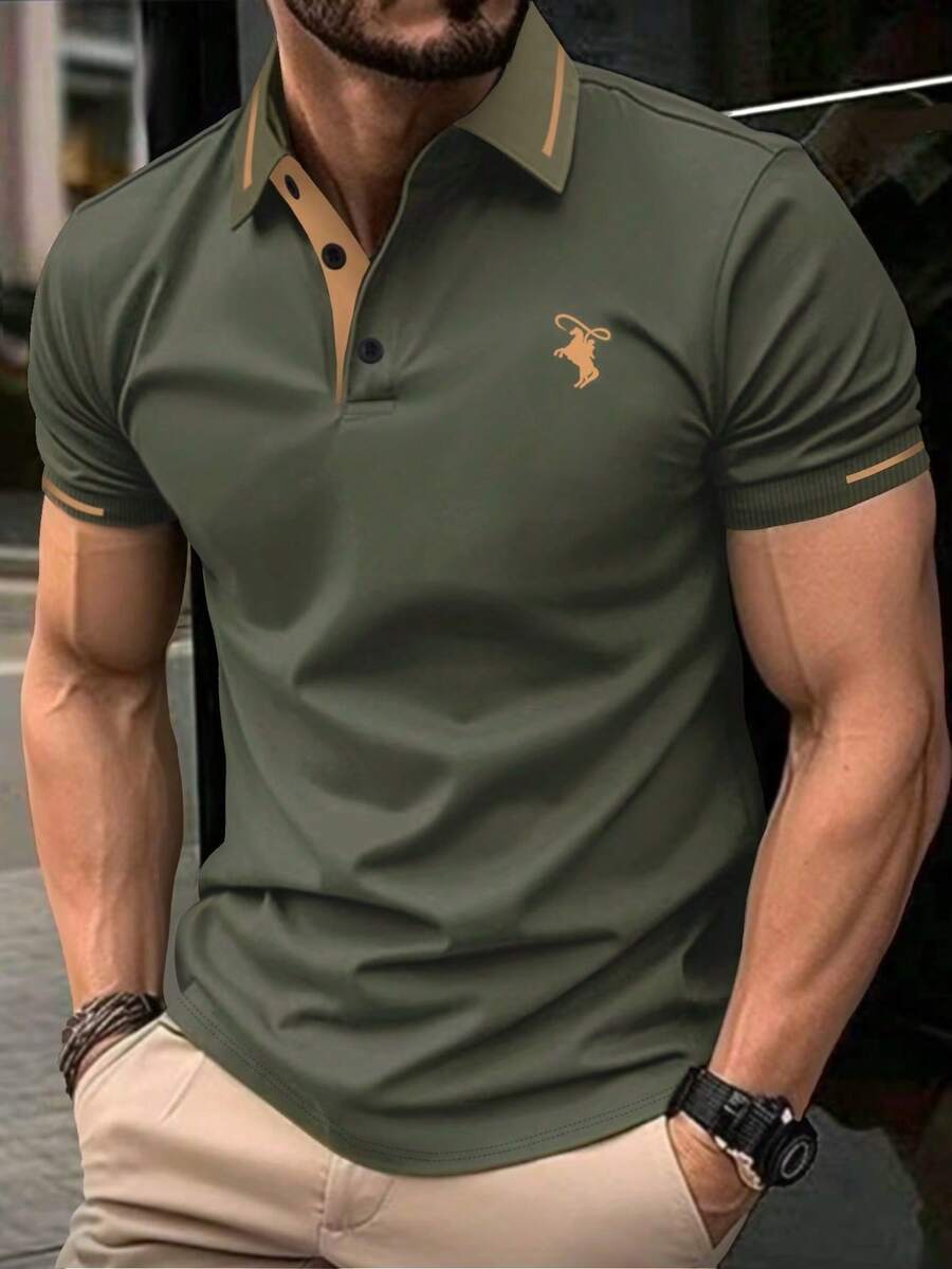 Manfinity Homme Men's Classic Casual Horse Pattern Quarter Button Short Sleeve Polo Shirt - Army Green - View 1