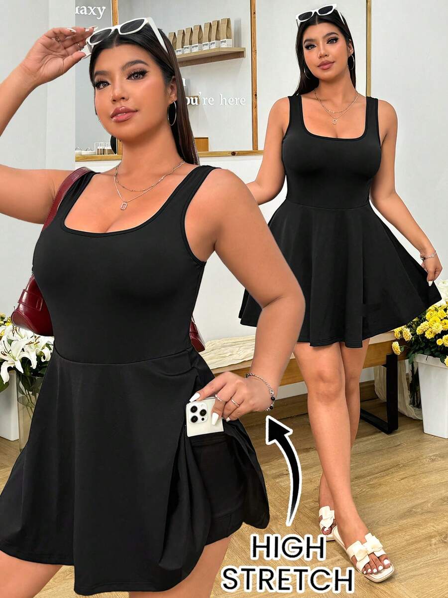 Solflare Plus Size Summer Casual Black Elastic Pocket Design Sleeveless Dress,Mother's Day - Black - View 1