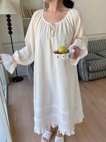 Dazy Plus Plus Size Sweet Lace Patchwork Ruffle Hem Long Sleeve Nightgown Pajamas - Apricot - View 5
