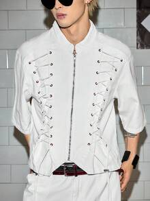 ROMWE MEN Street Life Men's Lace-Up Denim Jacket, Boyband Style - White - View 1