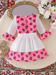 Conjunto de 2 piezas de camiseta de manga larga con encaje floral y cinta dorada, y falda con estampado floral pequeño para niñas pequeñas, nueva moda primavera/verano 2026, atuendo de Oriente Medio, esencial para viajar - Rosa - Ver 2