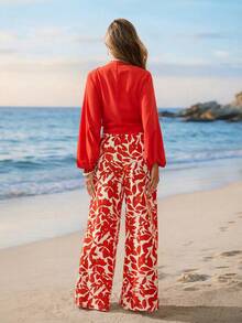 Sylviya 女士休闲橙色度假长袖上衣和裤子套装，度假 - 彩色 - 查看 2