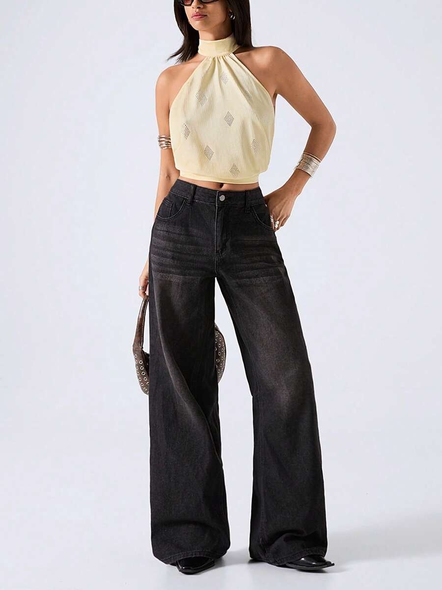 LYSMO 2026新款极简主义春季女装水钻露背吊带上衣，夏季/女士夏季/春假/海滩/外出上衣/黄色Y2K - 米色 - 查看 1