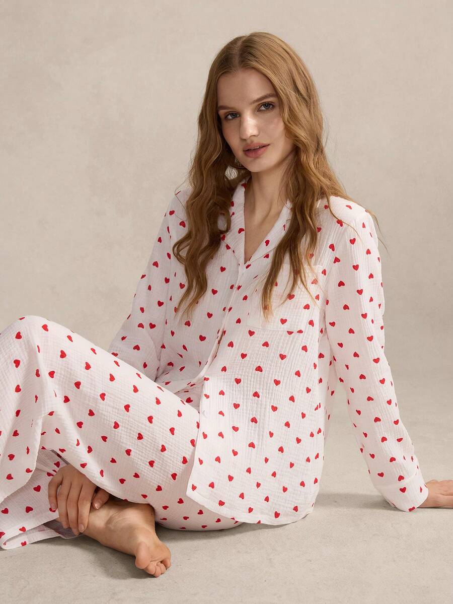 Women's Comfortable Heart Print Shirt & Pajama Set, Everyday Wear - Multicolor - View 1