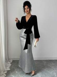 SHEIN Raffinéa Elegantes Damen Samt Top&Rock Set, Schwarz und Silber Farbblock V-Ausschnitt Tailliertes Mode Outfit, geeignet für Abendparty, Essen, formell, Herbsturlaub - Silber - Übersicht 6