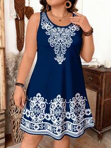 SHEIN LUNE Đầm không tay màu xanh hải quân cỡ lớn, đầm tunic dáng rộng in họa tiết Baroque cổ điển, đầm tank top cỡ lớn kiểu dáng thường ngày, họa tiết phong cách cung điện retro, đầm chữ A ôm dáng màu xanh hải quân. - Nhiều màu - Xem 3
