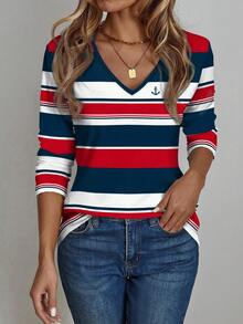 EMERY ROSE Nautical Striped Print Plus Size V-Neck Long Sleeve Loose T-Shirt, Suitable For Vacation - Multicolor - View 5