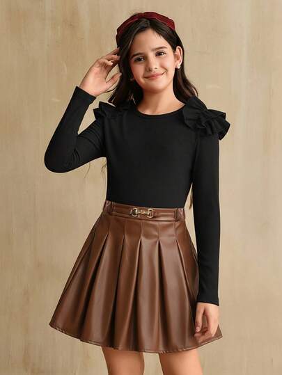 SHEIN Girls' Sweet White Pleated Skirt, Made Of Soft Leather Material, Versatile And Fashionable, Easy To Wear, Suitable For Daily School, Outing, Vacation, Sports And Various Outdoor Activities