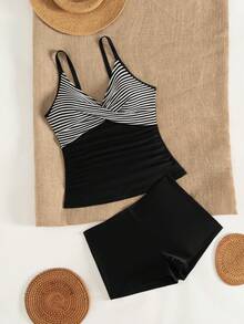 Swim Lushoire Swim Chic Sea-D Women Black & White Striped Adjustable Strap Tankini Bikini Set - Black and White - View 3
