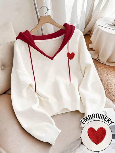 Resyla Women's V-Neck Contrast Color Casual Blouse, White And Burgundy, Versatile, Suitable For Back To School, Teacher's Day, Heart Embroidery Design