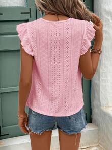 SHEIN Frenchy 镂空刺绣荷叶边圆领蕾丝边T恤 - 淺粉色 - 查看 3