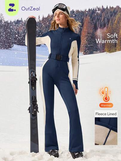 OutZeal Monos de mujer para exteriores con forro térmico para esquí y senderismo, de ajuste ceñido con cremallera frontal y ojal para el pulgar