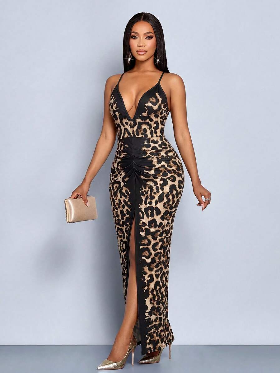 SOLERSUN 春夏女装：优雅休闲风，黑棕渐变豹纹印花，针织弹力面料，深V领，无袖，细肩带，臀部荷叶边，前开衩，长款连衣裙 - 棕色 - 查看 1