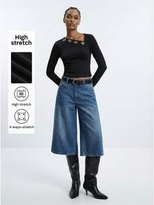 Maija 女士时尚通勤不对称领金属扣装饰T恤 - 黑色 - 查看 1