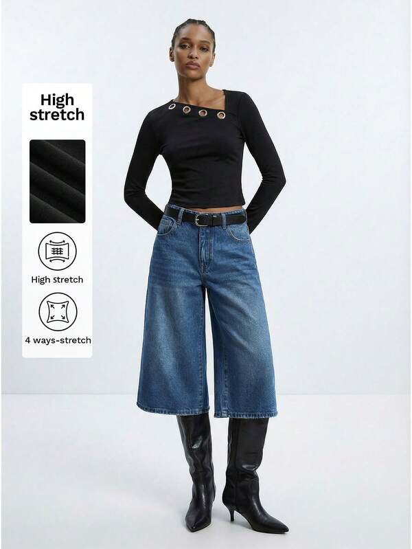 Maija Women's Fashion Commuter Asymmetric Collar Metal Buckle Decor T-Shirt