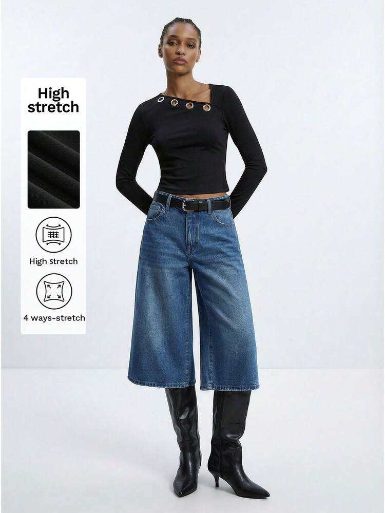 SHEIN Maija Casual Black Long Sleeve T-Shirt For Women Featuring Stylish Grommets And High Stretch Material