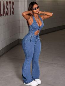 SHEIN Tall Mono de mezclilla con pierna acampanada y lazo en la cintura para mujer - Azul - Ver 4