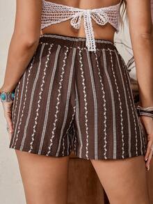 LanaWest Pantalones cortos casuales occidentales de mujer de lino arrugado marrón con estampado de agua, cintura con lazo y pliegues, para primavera/verano - Marrón - Ver 2