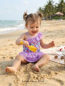 Cozy Pixies 女童美人鱼印花泳衣，带裙摆，可爱泳装，适合运动、海滩、度假、休闲等各种场合。 - 紫色 - 查看 7