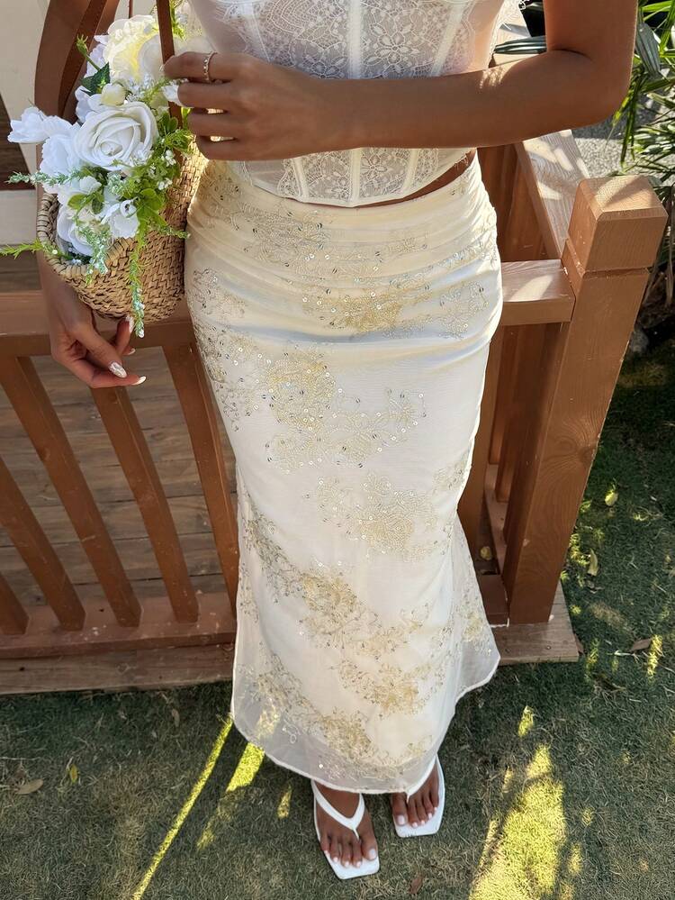 White Sequin Embroidered Vacation Skirt For Women, Summer