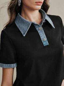 Anewsta 夏季新款假日拼接蓝色梭织 Polo 领短袖牛仔 Polo 衫 - 黑色 - 查看 7
