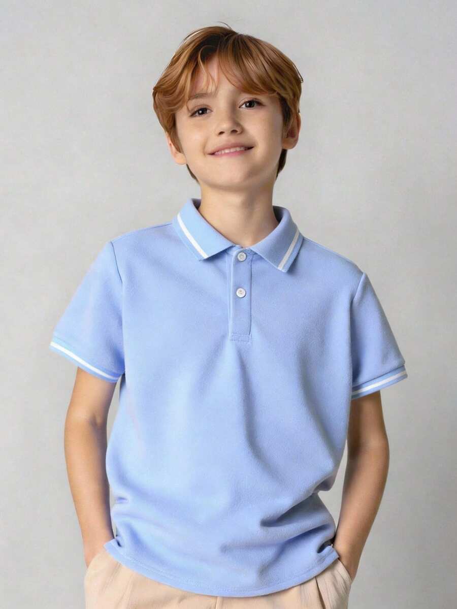 Áo polo thường ngày thoải mái cho trẻ em/bé trai, cổ bẻ và khóa kéo nửa thân, màu trơn. - Màu xanh nhạt - Xem 1