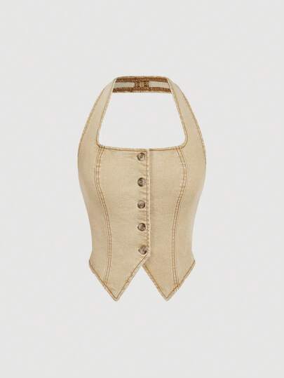 SHEIN MOD Women's Solid Color Front Button Backless Halter Neck Fitted Denim Top