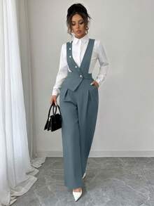 Elenzga 女士新款休闲纽扣设计阔腿连体裤 - 霧霾藍 - 查看 5