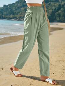 SHEIN Frenchy Women's Solid Colored Paper Bag Waist Pants Summer Vacation Pants Green Casual Christmas Holiday Resort - Mint Green - View 6