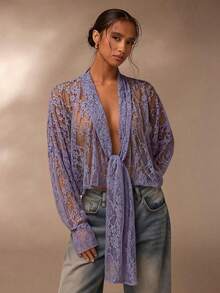 SHEIN Glamour 薄纱蕾丝衬衫，棕色蕾丝女式衬衫 - 紫色 - 查看 4