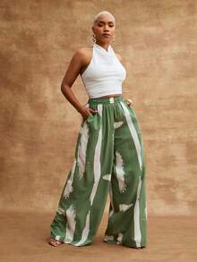Vixey Woven Elastic Waistband Wide Leg Flowy Vacation Pants - Green - View 3