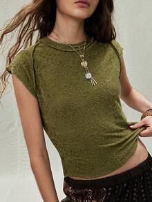SoleilVie 女士新款波西米亚风休闲舒适百搭短款橄榄绿针织上衣，夏季女式上衣，军绿色女式上衣，基础款女式上衣，夏季针织上衣，绿色基础款针织上衣 - 軍綠色 - 查看 1