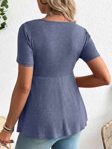 SHEIN Kaos Hamil Lengan Pendek Kasual Serbaguna dengan Leher V dan Detail Lipatan untuk Musim Gugur - Biru - View 2