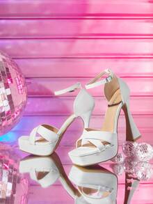 CUCCOO LuxiPop 女士厚底凉鞋，防水平台优雅交叉绑带高跟鞋 - 白色 - 查看 2