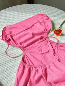 Comfortcana Áo liền quần hai dây ngắn màu đỏ hồng, khoét eo, xếp ly bên hông, thích hợp cho mùa hè. - Màu Hồng Tươi - Xem 5