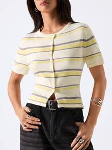 LYSMO Women's Casual Striped Short Sleeve Knit Top - Multicolor - View 3