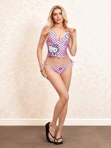 HELLO KITTY AND FRIENDS | SHEIN 女士波点卡通印花露背吊带上衣和侧系带三角泳裤连体泳衣 - 粉色 - 查看 7