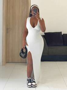 Slaydiva 新款春季、春夏音乐节、情人节、复活节休闲、简约基础款、Y2K街头甜美、性感、邮轮度假、日常约会、辣妹风、性感派对、优雅V领、褶裥腰身、修身剪裁、高开衩至大腿、白色连衣裙、女士超长连衣裙 -A - 白色 - 查看 6