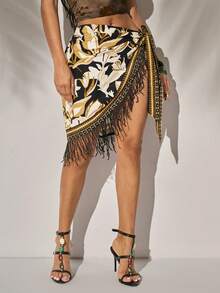 Radiana Women's Black Floral Summer Boho Beach Holiday Mini Skirt,Unique Printed Tassel Asymmetric Hem Wrap Tie Waist Sarong Cover Up Skirt - Multicolor - View 4