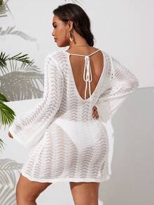 Swim Lushoire 大码女式镂空露背系带喇叭袖修身针织连衣裙，沙滩罩衫 - 白色 - 查看 2