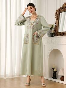 Al Najma Women's Sequin Patchwork Pocket Casual Party Outing Arabic Traditional Dress - Apricot - View 5