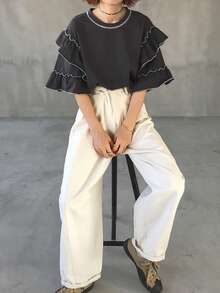 FRIFUL Women's Contrast Color Layered Pleated Ruffle Hem Loose Casual Versatile T-Shirt, Spring/Summer - Dark Grey - View 2