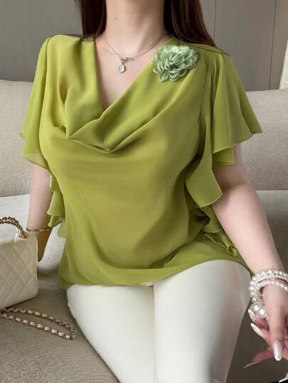 Vibekara Elegant Sexy Floral Draped Neck Ruffle Trim Blouse For Women