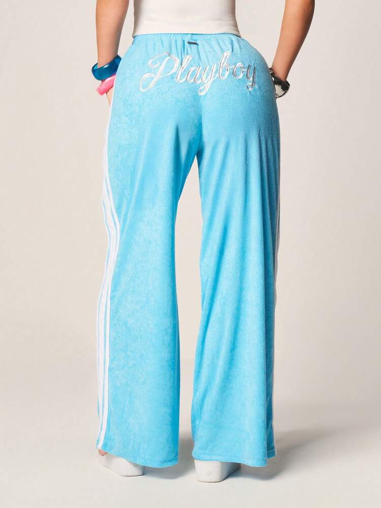Missguided x Playboy Terry Towelling Wide Leg Palazzo Joggers With Side Stripe Detail And Bunny Logo Print Elastic Waist Drawstring Lounge Pants Casual Comfort Wear