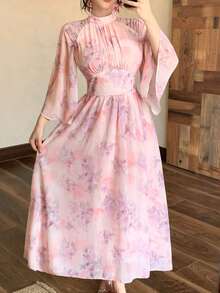 DAZY 女士优雅印花立领荷叶袖中长连衣裙，春夏婚礼宾客礼服 - 粉色 - 查看 6