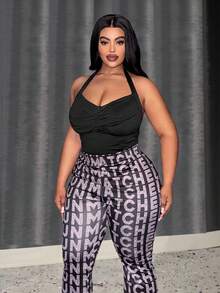 Slaydiva Bodysuit Rajut Hitam Kasual Tanpa Lengan Model Halter Neck Ukuran Plus dengan Detail Lipatan - Hitam - View 11
