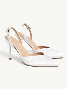 CUCCOO CHICEST Elegant French Style Pointed Toe Satin High Heel Sandals For Women, Chic Mature Style With Ankle Strap, Suitable For Commuting, Dating And Other Occasions Wedding Shoes Spring Shoes Bride Shoes Summer - White - View 3