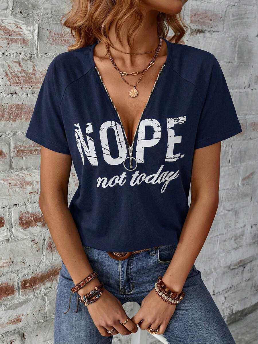 SHEIN LUNE Áo thun ngắn tay in hình lễ hội âm nhạc dành cho nữ, thích hợp cho mùa xuân/hè. - Màu xanh hải quân - Xem 1